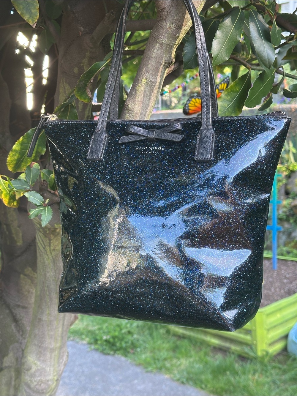 Kate Spade New York Mavis Street Jeralyn Dark Blue Glitter Tote Bag Purse Vegan